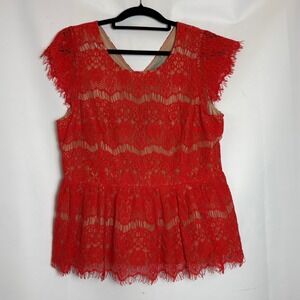 Maeve Anthropologie Katrine Lace Peplum Top Cap Sleeve V-Back Size Large Red